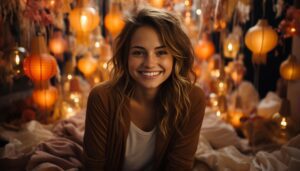 Good Health NZ - smiling woman illuminated by christmas lights enjoys festive celebration generated by artificial intelligence 1 1